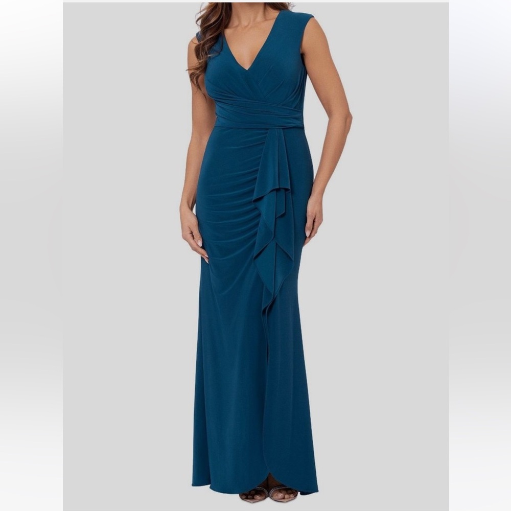 Betsy & Adam Teal Blue V-Neck Lined Ruffle Front Scuba Crepe Dress - Reemoly